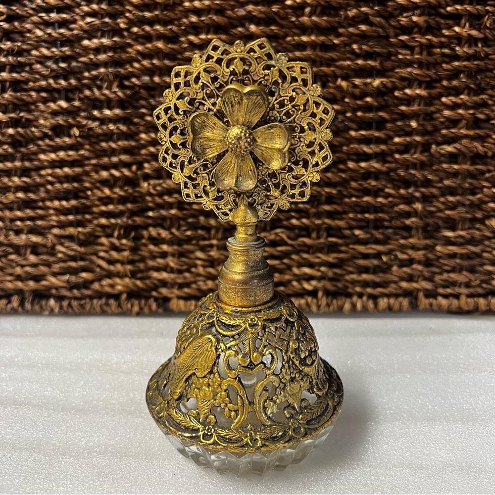 Vintage Perfume Bottle Brass Gold-Tone Filigree Ormolu Sunflower w/Dauber